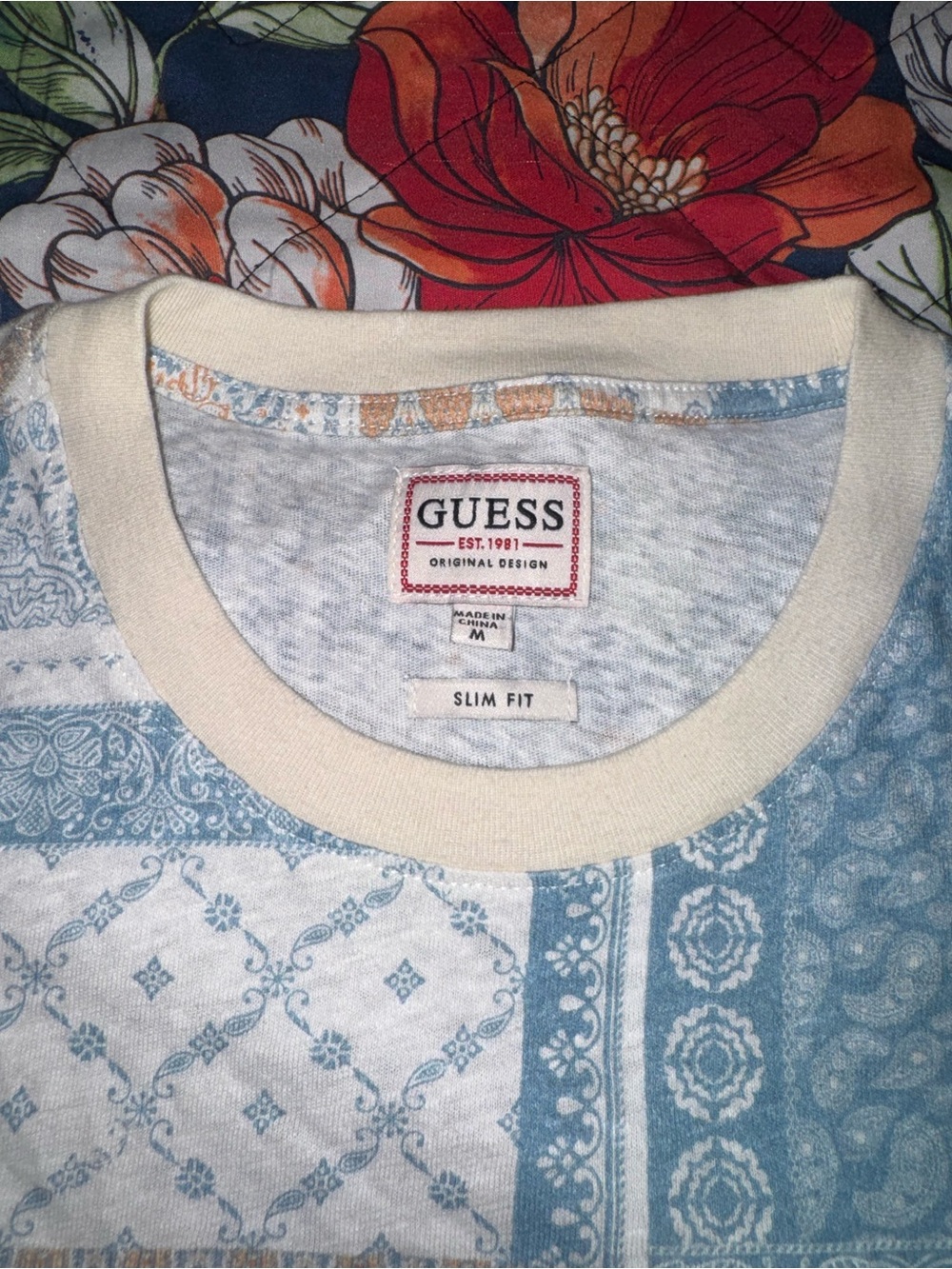 Guess Blue, Cream & Tan Patchwork Print Tee
